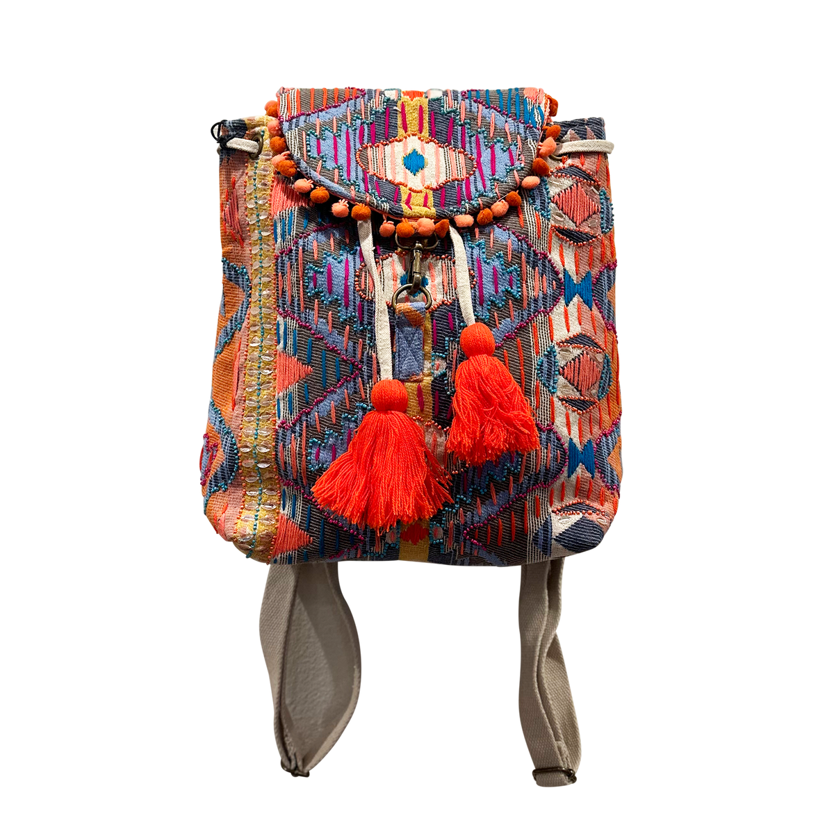 Vintage textile fabric,/Wool bag , backpack Coral Geometric Pattern Black Leather Vintage Fabric Backpack-020 – Vintage Addiction main image 2